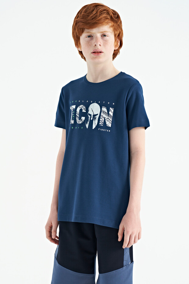 İndigo Ön Yazı Nakışlı O Yaka Standart Kalıp Erkek Çocuk T-Shirt - 11118 - 6
