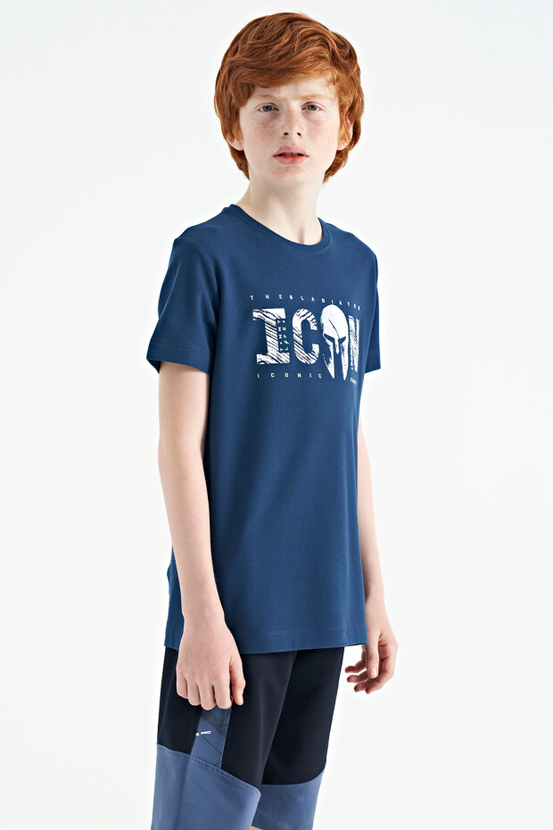 İndigo Ön Yazı Nakışlı O Yaka Standart Kalıp Erkek Çocuk T-Shirt - 11118 - 9