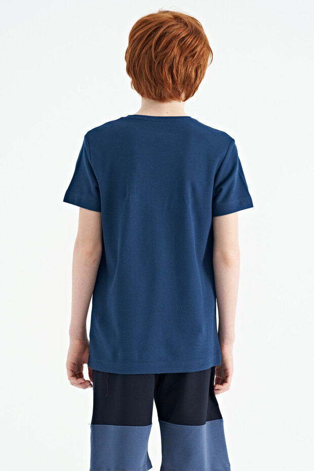 İndigo Ön Yazı Nakışlı O Yaka Standart Kalıp Erkek Çocuk T-Shirt - 11118 - 15