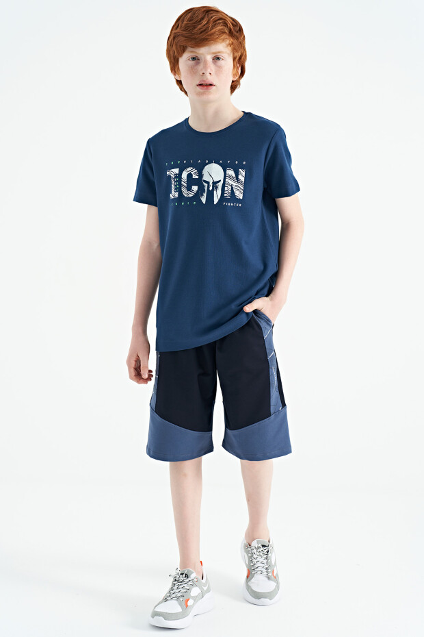 İndigo Ön Yazı Nakışlı O Yaka Standart Kalıp Erkek Çocuk T-Shirt - 11118 - 10