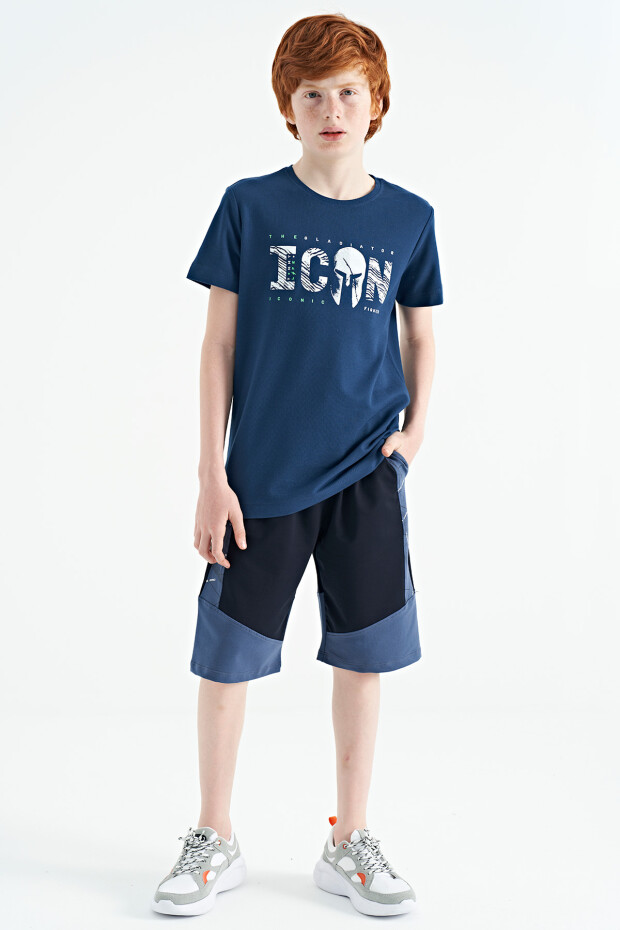 İndigo Ön Yazı Nakışlı O Yaka Standart Kalıp Erkek Çocuk T-Shirt - 11118 - 12