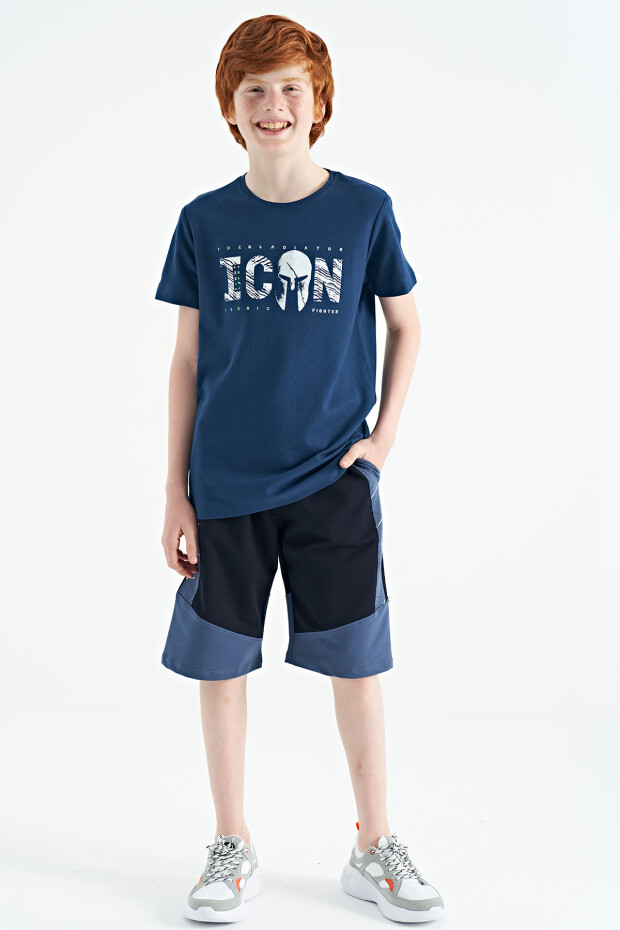 İndigo Ön Yazı Nakışlı O Yaka Standart Kalıp Erkek Çocuk T-Shirt - 11118 - 11