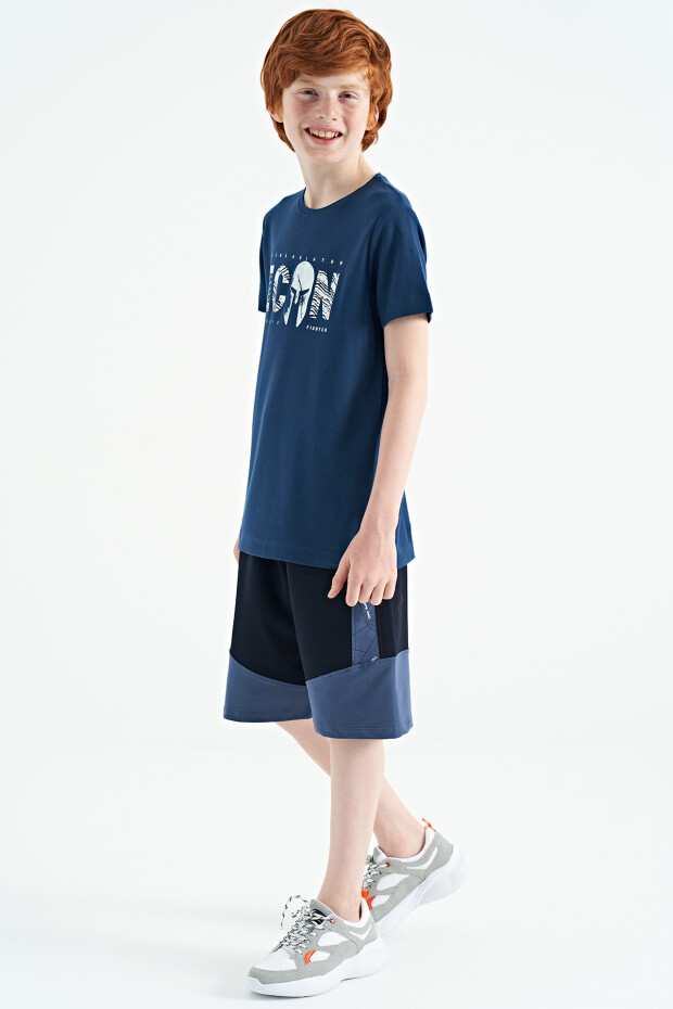 İndigo Ön Yazı Nakışlı O Yaka Standart Kalıp Erkek Çocuk T-Shirt - 11118 - 13