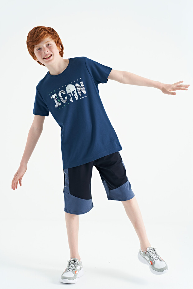 İndigo Ön Yazı Nakışlı O Yaka Standart Kalıp Erkek Çocuk T-Shirt - 11118 - 14