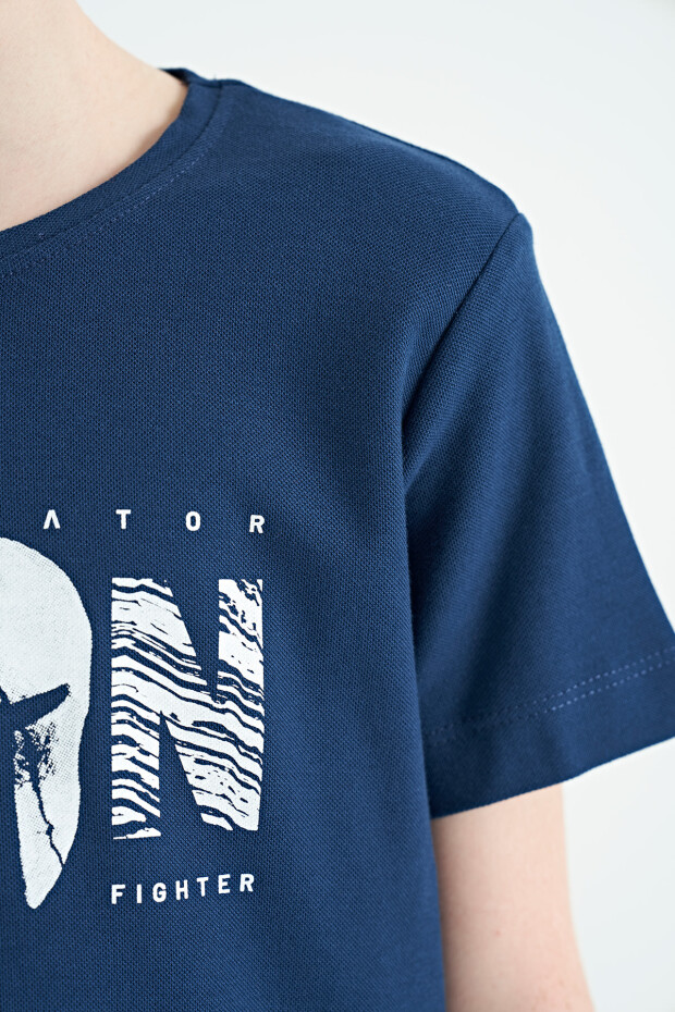 İndigo Ön Yazı Nakışlı O Yaka Standart Kalıp Erkek Çocuk T-Shirt - 11118 - 3