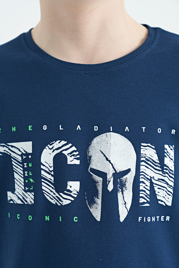 İndigo Ön Yazı Nakışlı O Yaka Standart Kalıp Erkek Çocuk T-Shirt - 11118 - 4