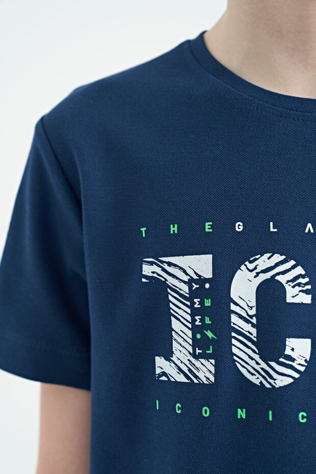 İndigo Ön Yazı Nakışlı O Yaka Standart Kalıp Erkek Çocuk T-Shirt - 11118 - 5