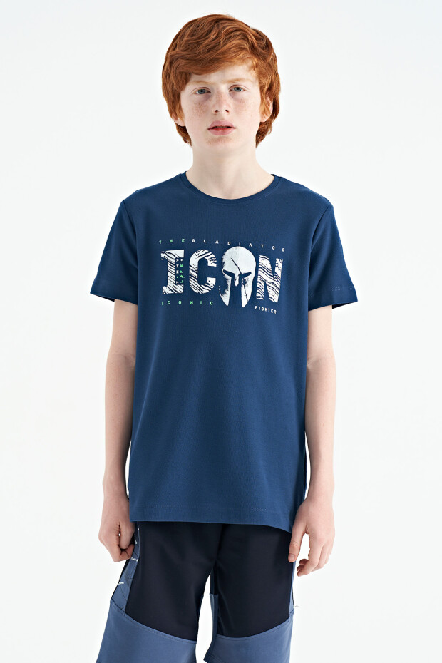 İndigo Ön Yazı Nakışlı O Yaka Standart Kalıp Erkek Çocuk T-Shirt - 11118 - 1