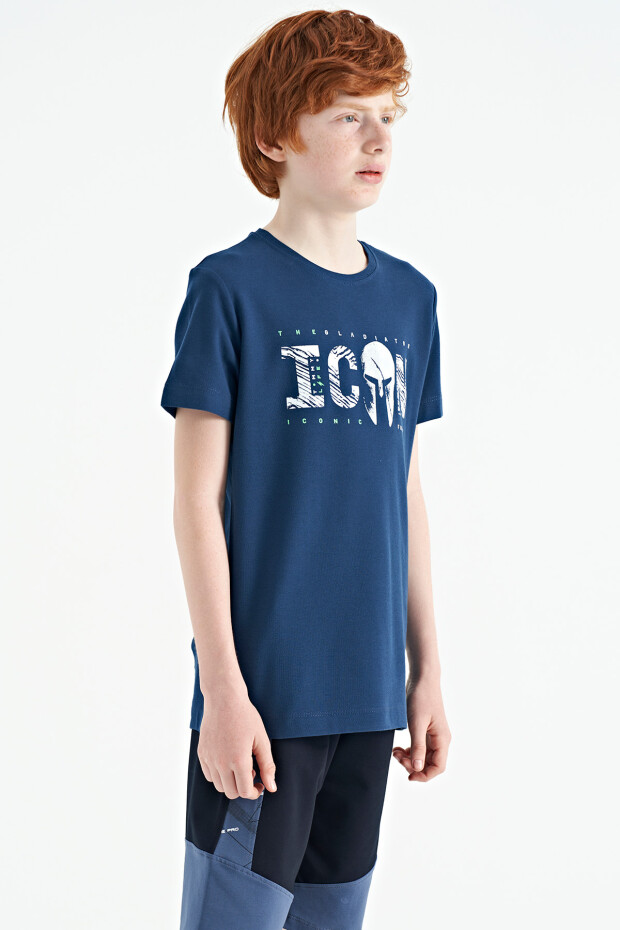 İndigo Ön Yazı Nakışlı O Yaka Standart Kalıp Erkek Çocuk T-Shirt - 11118 - 8