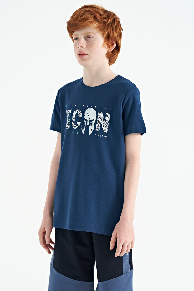 İndigo Ön Yazı Nakışlı O Yaka Standart Kalıp Erkek Çocuk T-Shirt - 11118 - 7