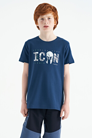 İndigo Ön Yazı Nakışlı O Yaka Standart Kalıp Erkek Çocuk T-Shirt - 11118 