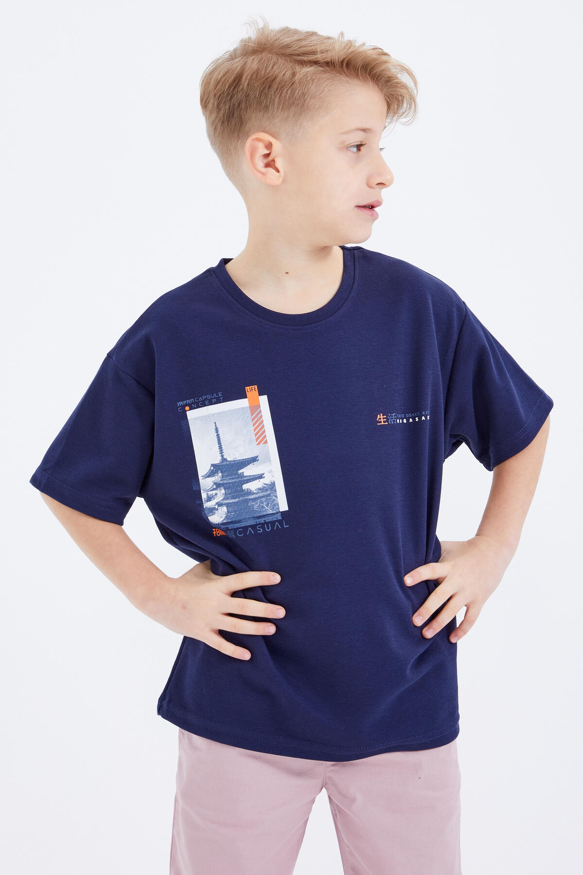 İndigo Oversize Baskılı Kısa Kollu O Yaka Erkek Çocuk T-Shirt - 10925