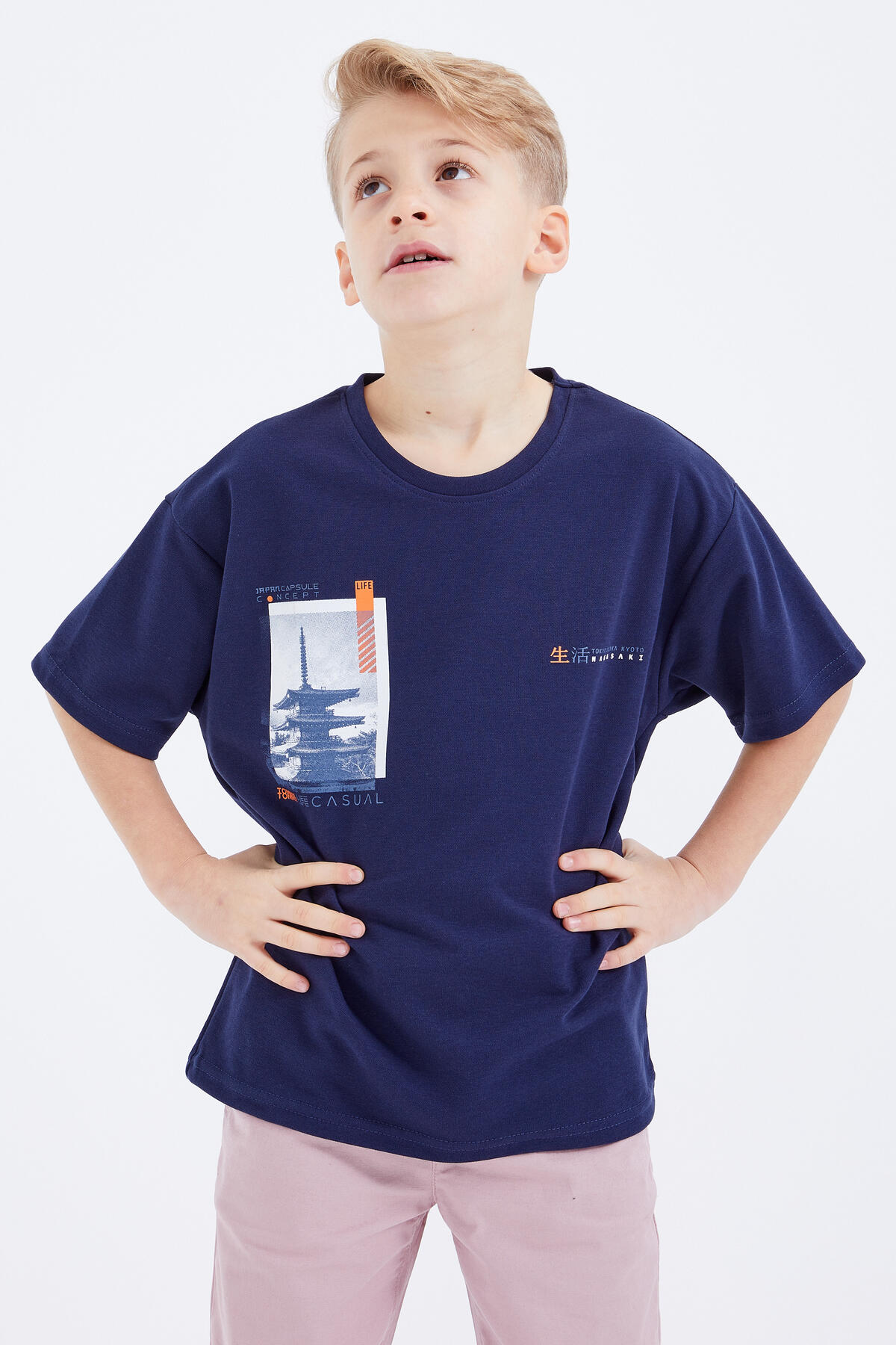 İndigo Oversize Baskılı Kısa Kollu O Yaka Erkek Çocuk T-Shirt - 10925