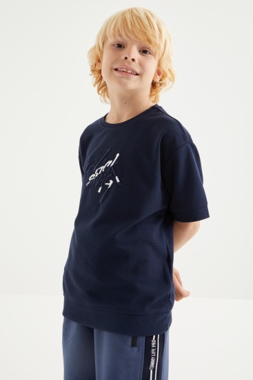 İndigo Oversize Yazı Nakışlı Kısa Kollu O Yaka Erkek Çocuk T-Shirt - 10898 