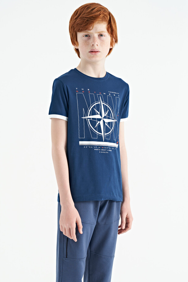 İndigo Pusula Baskılı Standart Kalıp O Yaka Erkek Çocuk T-Shirt - 11106