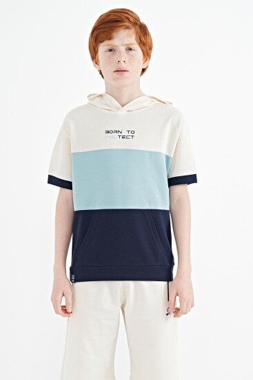 İndigo Renk Bloklu Kanguru Cepli Kapüşonlu Oversize Erkek Çocuk T-Shirt - 11150 