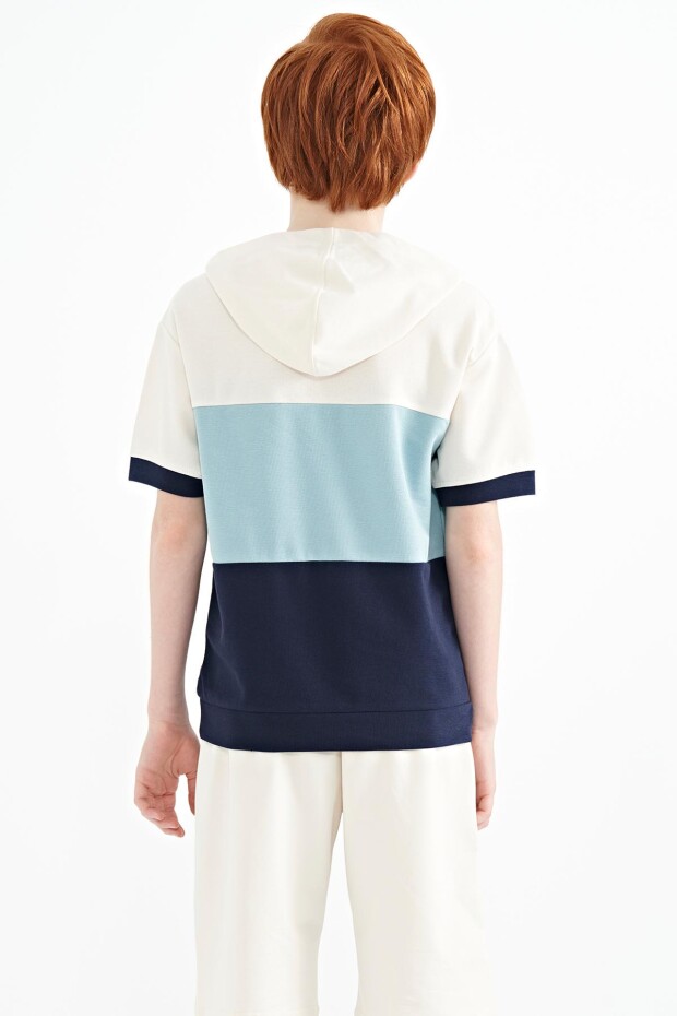İndigo Renk Bloklu Kanguru Cepli Kapüşonlu Oversize Erkek Çocuk T-Shirt - 11150