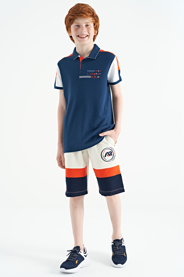 İndigo Renk Bloklu Omuz Garni Detaylı Standart Kalıp Erkek Çocuk T-Shirt - 11155