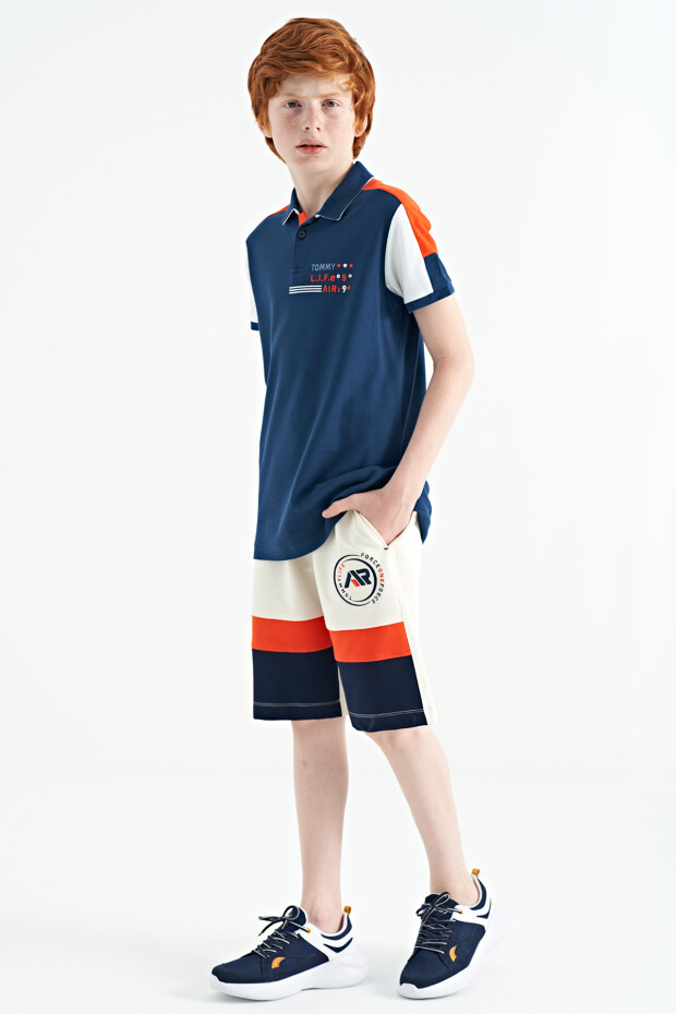 İndigo Renk Bloklu Omuz Garni Detaylı Standart Kalıp Erkek Çocuk T-Shirt - 11155