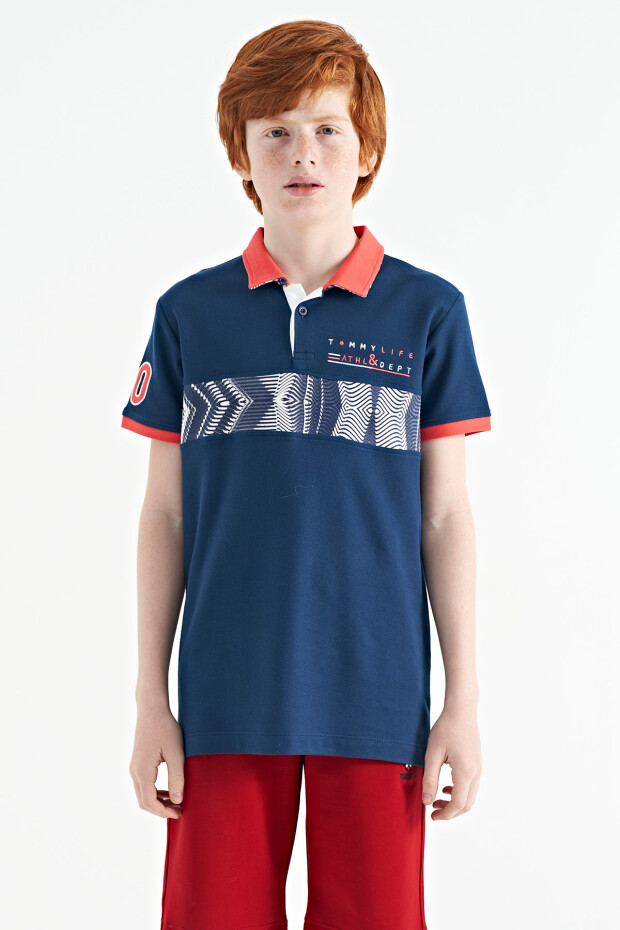 İndigo Şerit Baskı Detaylı Pola Yaka Standart Kalıp Erkek Çocuk T-Shirt - 11162