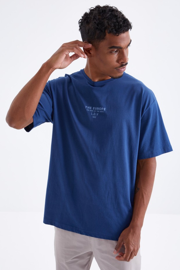 İndigo Sırt Baskılı O Yaka Erkek Oversize T-shirt - 88091