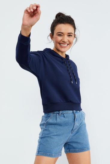 İndigo Uzun Kol Rahat Form Kapüşonlu Kadın Sweatshirt - 97115 