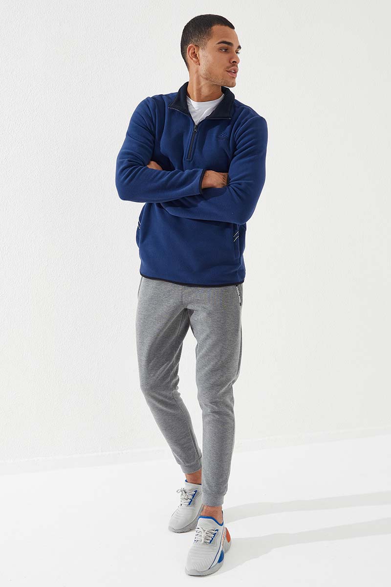 İndigo Yarım Fermuarlı Sweatshirt Slim Fit Dik Yaka Erkek Polar - 87891