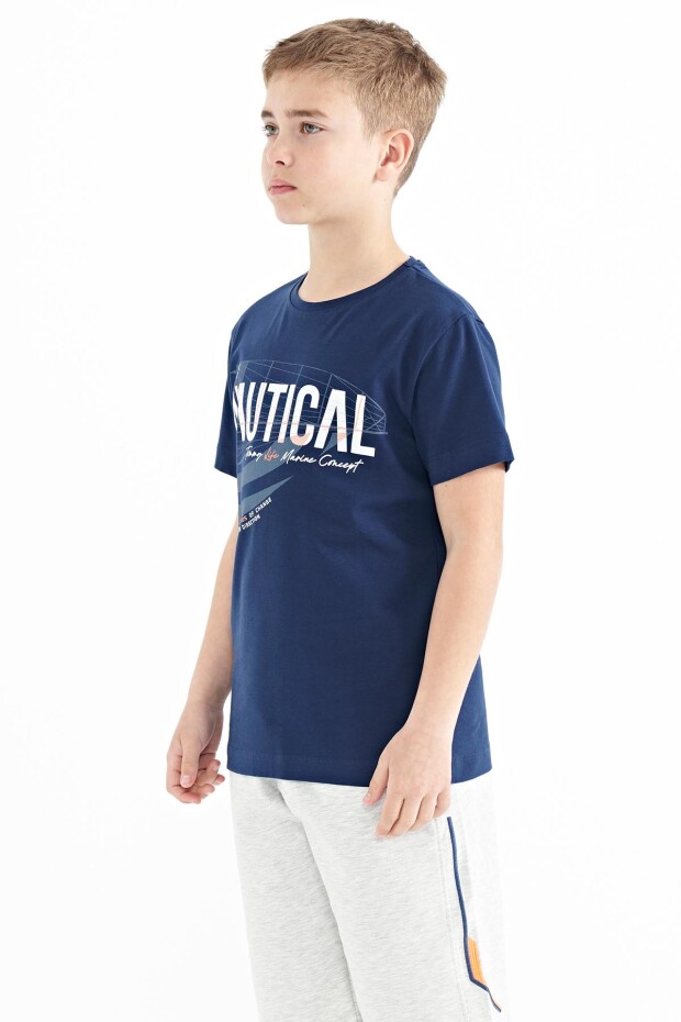 İndigo Yazı Baskılı O Yaka Standart Kalıp Erkek Çocuk T-Shirt - 11100