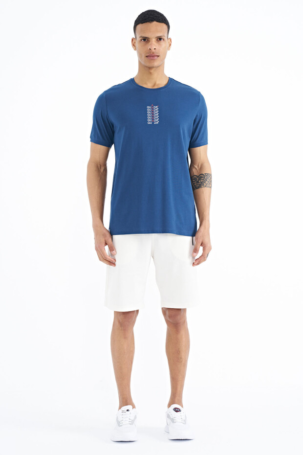 İndigo Yazı Baskılı O Yaka Standart Kalıp Erkek T-shirt - 88169
