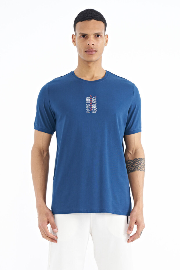 İndigo Yazı Baskılı O Yaka Standart Kalıp Erkek T-shirt - 88169