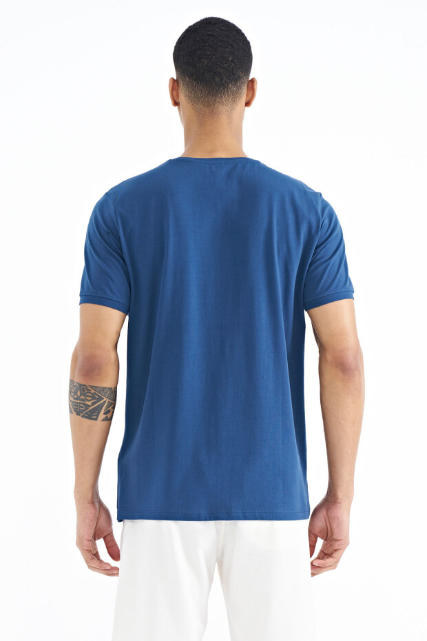 İndigo Yazı Baskılı O Yaka Standart Kalıp Erkek T-shirt - 88169