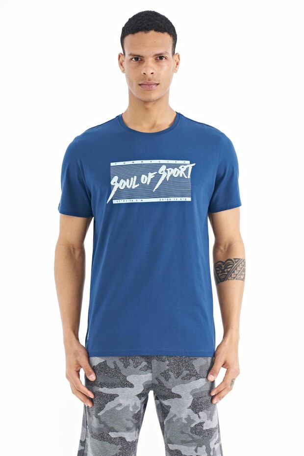 İndigo Yazı Desen Baskılı Standart Kalıp O Yaka Erkek T-Shirt - 88172