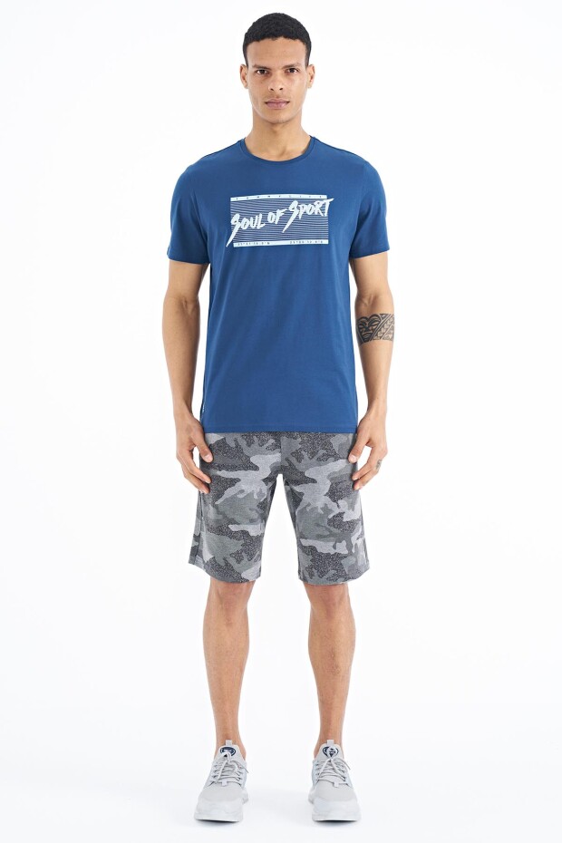 İndigo Yazı Desen Baskılı Standart Kalıp O Yaka Erkek T-Shirt - 88172