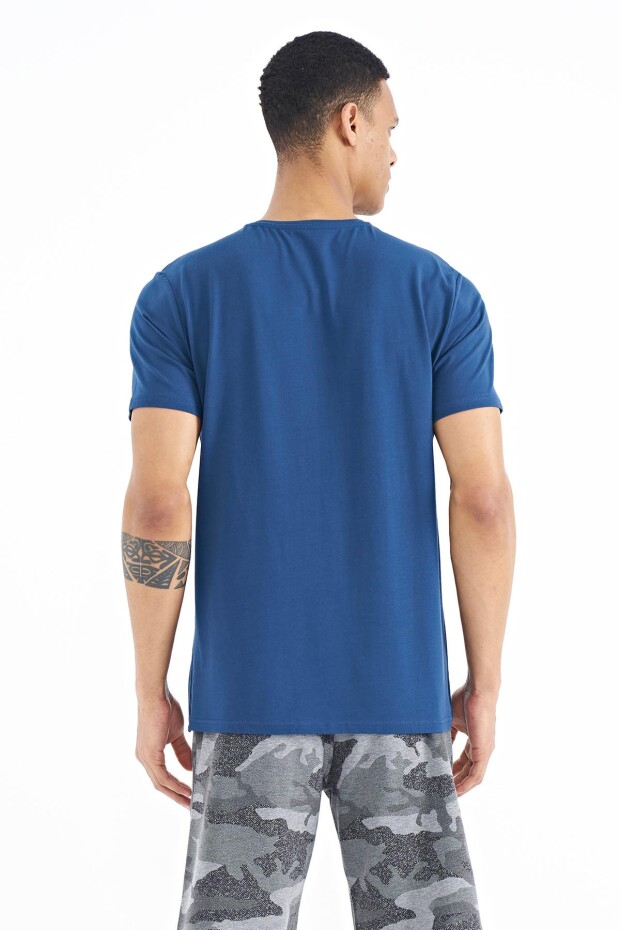 İndigo Yazı Desen Baskılı Standart Kalıp O Yaka Erkek T-Shirt - 88172
