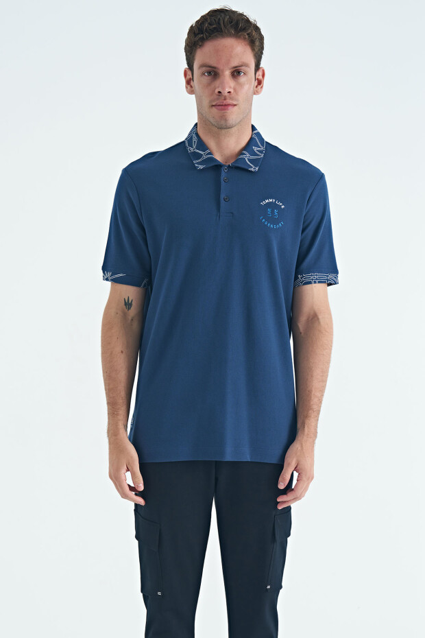 İndigo Yazı Nakışlı Baskı Detaylı Standart Kalıp Polo Yaka Erkek T-Shirt - 88239