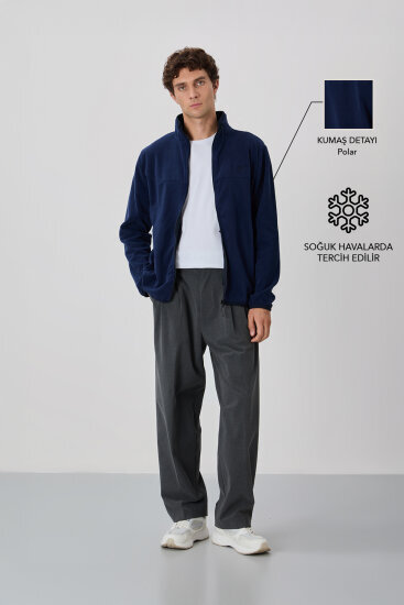İndigo Yazı Nakışlı Dik Yaka Fermuarlı Standart Kalıp Erkek Sweatshirt Polar - 87992 