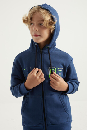 İndigo Yazı Nakışlı Kapüşonlu Standart Kalıp Fermuarlı Erkek Çocuk Sweatshirt - 11019 