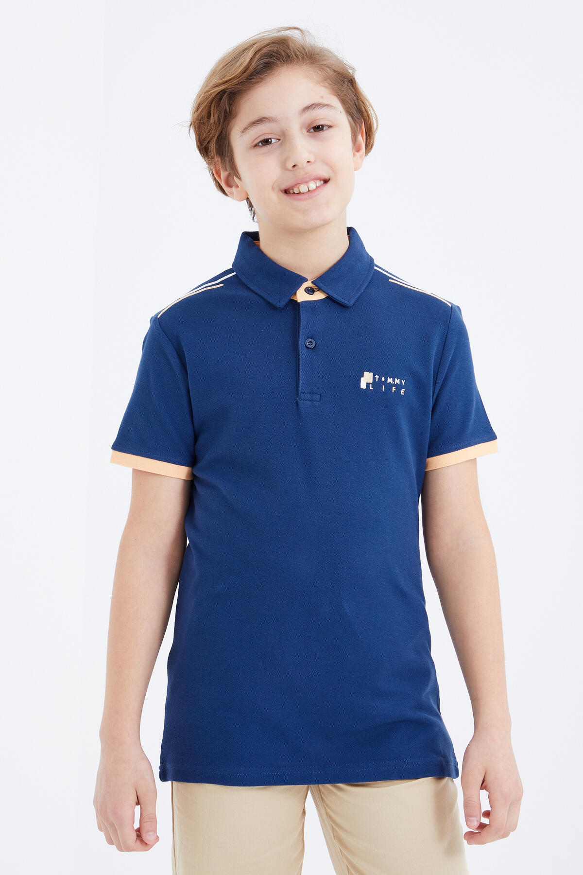 İndigo Yazı Nakışlı Kısa Kollu Polo Yaka Erkek Çocuk T-Shirt - 10896