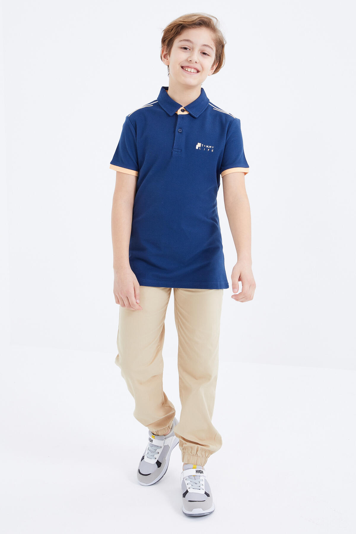 İndigo Yazı Nakışlı Kısa Kollu Polo Yaka Erkek Çocuk T-Shirt - 10896
