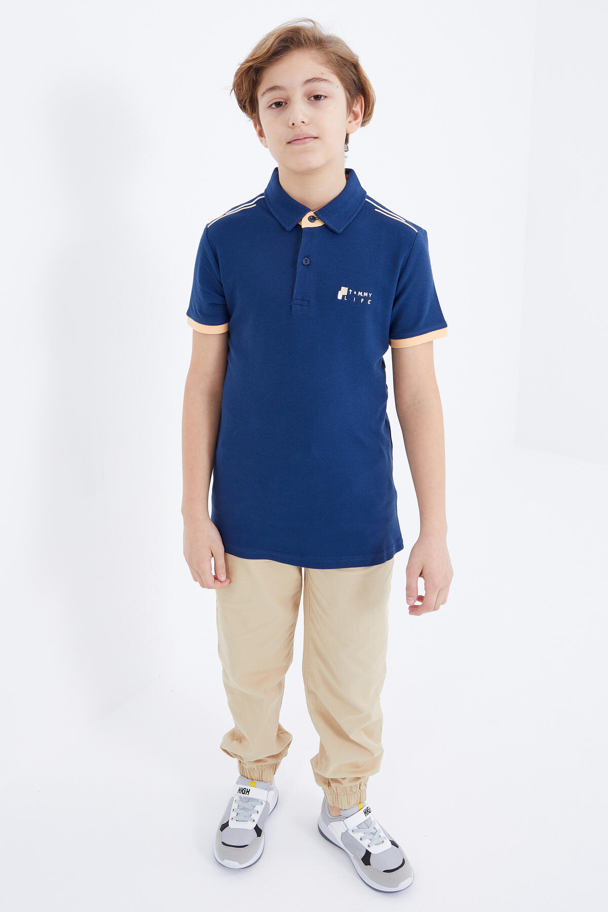 İndigo Yazı Nakışlı Kısa Kollu Polo Yaka Erkek Çocuk T-Shirt - 10896