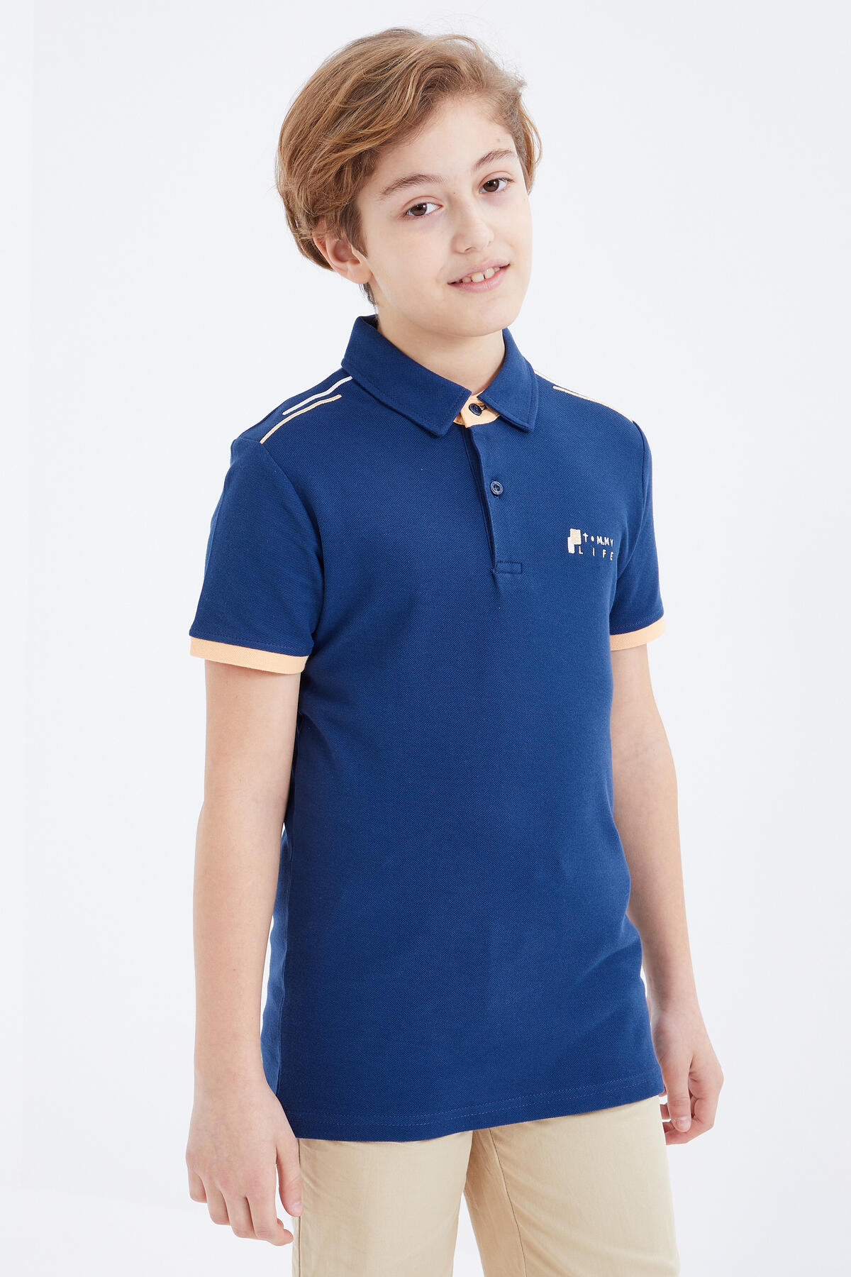 İndigo Yazı Nakışlı Kısa Kollu Polo Yaka Erkek Çocuk T-Shirt - 10896