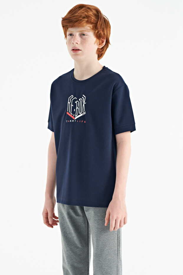 İndigo Yazı Nakışlı O Yaka Oversize Erkek Çocuk T-Shirt - 11151