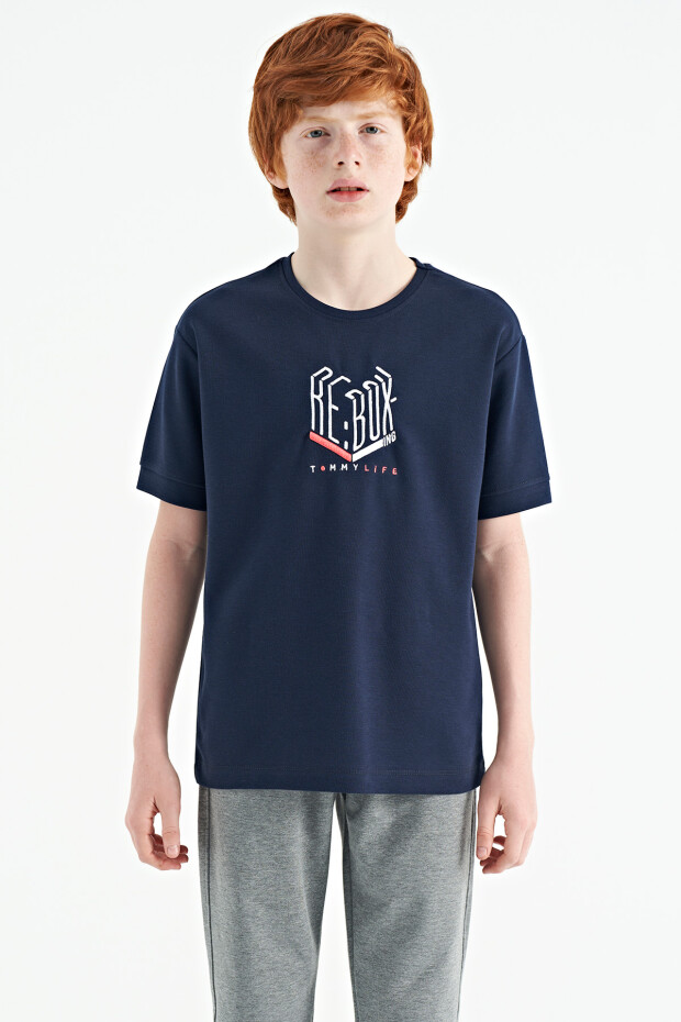 İndigo Yazı Nakışlı O Yaka Oversize Erkek Çocuk T-Shirt - 11151