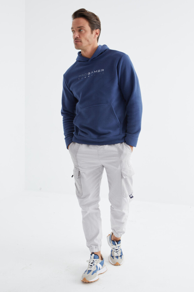 İndigo Yazı Nakışlı Standart Kalıp Kapüşonlu Erkek Polar Sweatshirt - 88154