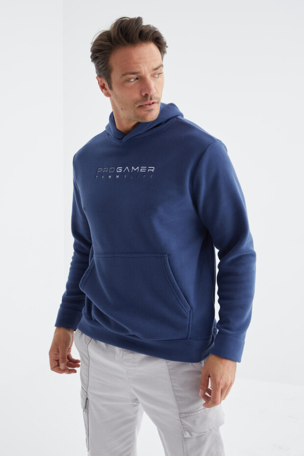 İndigo Yazı Nakışlı Standart Kalıp Kapüşonlu Erkek Polar Sweatshirt - 88154