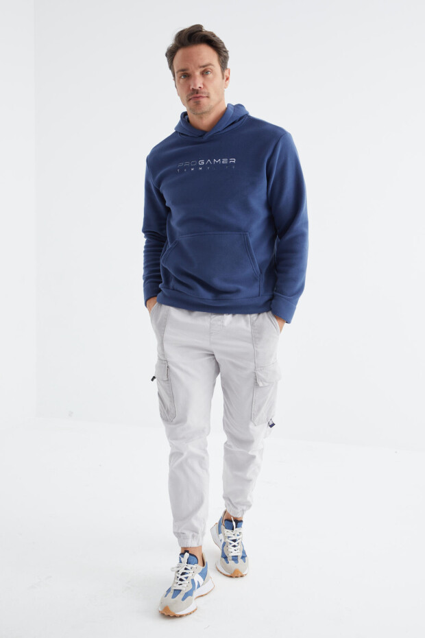 İndigo Yazı Nakışlı Standart Kalıp Kapüşonlu Erkek Polar Sweatshirt - 88154