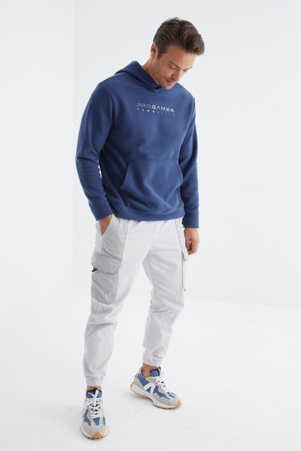 İndigo Yazı Nakışlı Standart Kalıp Kapüşonlu Erkek Polar Sweatshirt - 88154