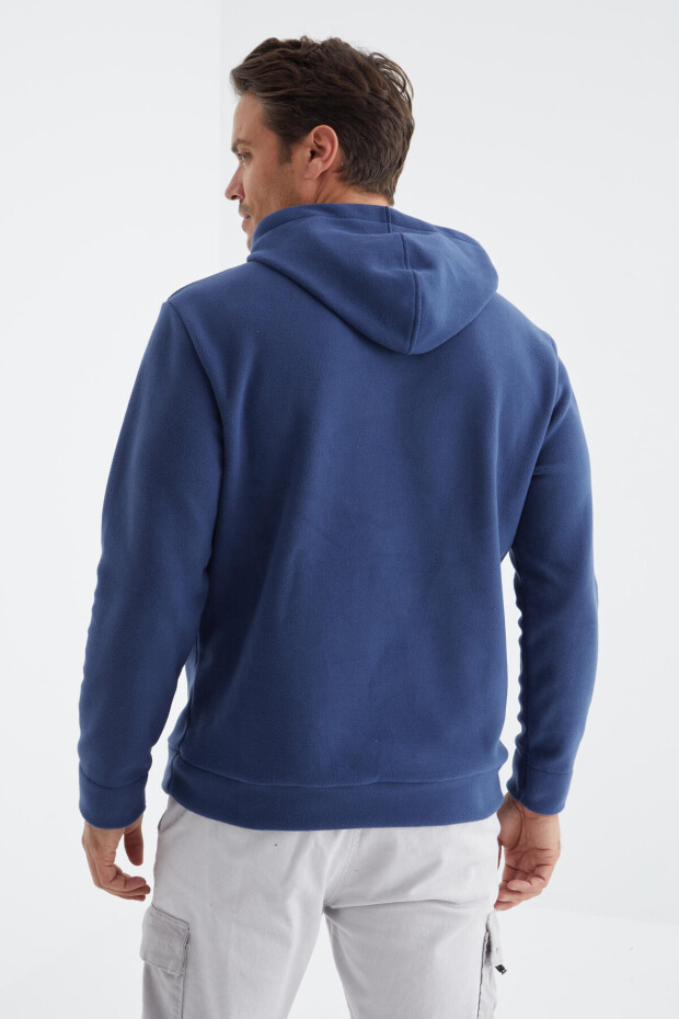 İndigo Yazı Nakışlı Standart Kalıp Kapüşonlu Erkek Polar Sweatshirt - 88154