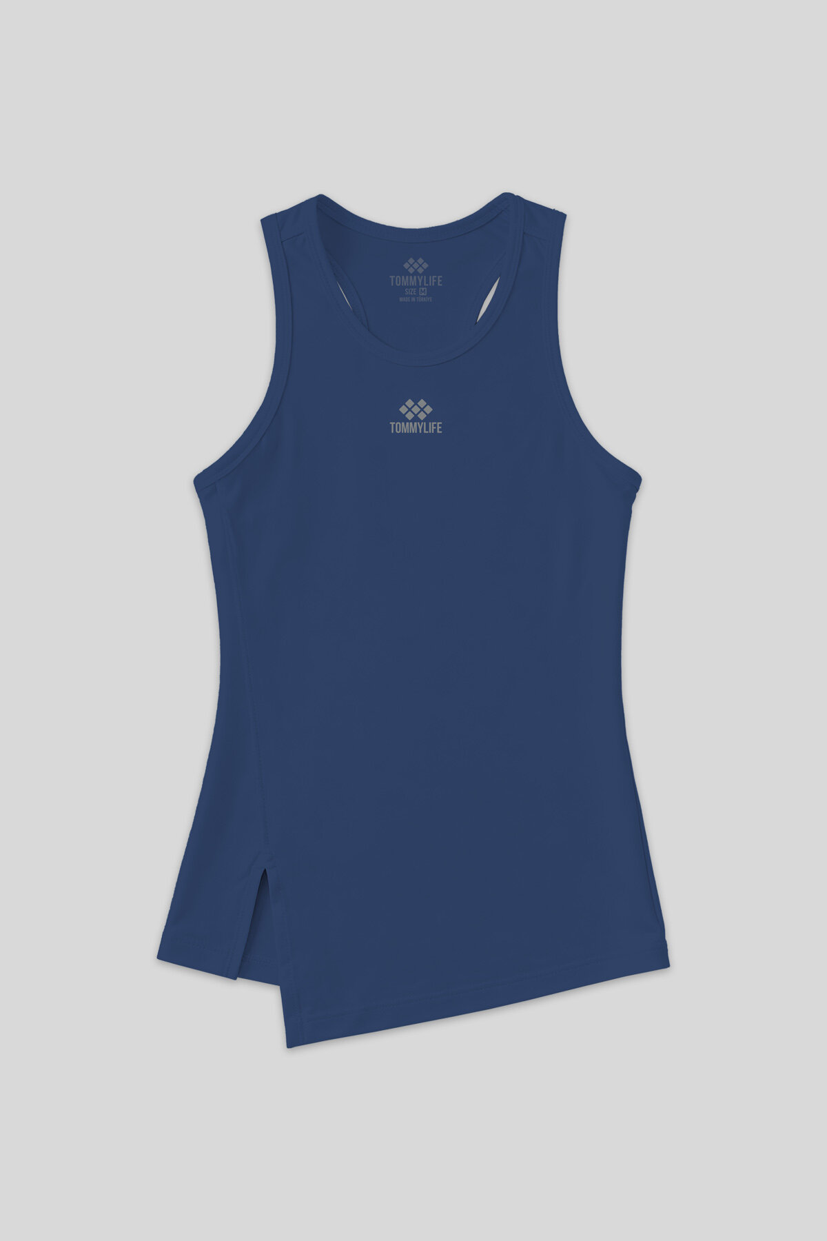 İndigo Yırtmaç Detaylı O Yaka Sıfır Kollu Standart Kalıp Kadın Spor Atlet - 97256 - TOMMYLIFE