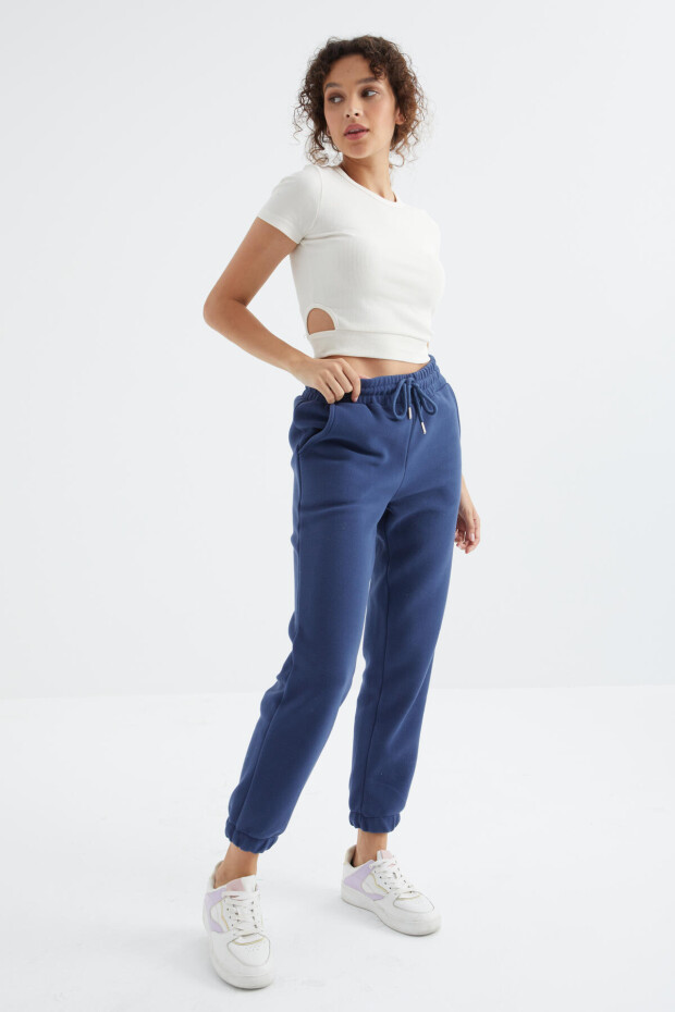 İndigo Yüksek Bel Basic Bağcıklı Jogger Polar Kadın Eşofman Alt - 94622 - 3